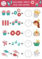 ¿Cuántos juegos de golosinas con lindos personajes de cuentos de hadas, donas, dulces? actividad de suma matemática del reino mágico para niños en edad preescolar. hoja de trabajo de conteo simple imprimible para niños vector