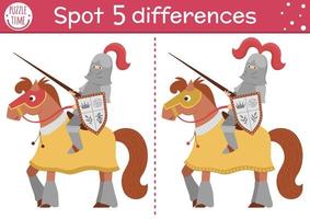 Find differences game for children. Fairytale educational activity with cute knight on a horse. Magic kingdom puzzle for kids with fantasy character. Fairy tale printable worksheet or page vector