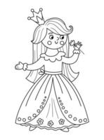 Fairy tale black and white vector princess smelling flower. Fantasy line girl in crown. Medieval fairytale maid coloring page. Girlish cartoon magic icon with cute character.