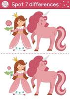 Find differences game for children. Fairytale educational activity with cute princess and unicorn. Magic kingdom puzzle for kids with fantasy character. Fairy tale printable worksheet or page vector