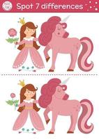 Find differences game for children. Fairytale educational activity with cute princess and unicorn. Magic kingdom puzzle for kids with fantasy character. Fairy tale printable worksheet or page vector