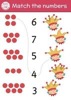 Match the numbers game with buffoon and bells on hat. Fairytale math activity for preschool children. Magic kingdom educational printable counting worksheet for kids with funny character vector