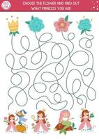 Fairytale maze for kids with cute princesses and flowers. Magic kingdom preschool printable activity with Cinderella, Sleeping Beauty, Mermaid. Fairy tale labyrinth game or puzzle