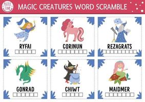 Vector fairytale word scramble activity page. English language game with dragon, mermaid, unicorn for kids. Fantasy creatures holiday family quiz. Simple educational printable worksheet.