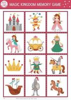 Vector Fairytale memory game cards with cute traditional fantasy symbols. Magic kingdom matching activity. Remember and find correct card. Simple printable worksheet for kids with castle