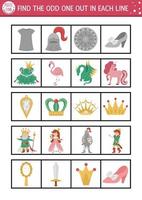 Find the odd one out. Fairytale logical activity for children. Magic kingdom educational quiz worksheet for kids for attention skills. Simple printable game with cute characters and objects vector