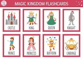 Vector fairytale flash cards set. English language game with cute castle, king, princess, queen for kids. Magic kingdom flashcards with fantasy characters. Simple educational printable worksheet.