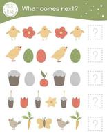 What comes next. Easter matching activity for preschool children with holiday symbols. Funny spring game for kids. Logical quiz worksheet. Continue the row. vector