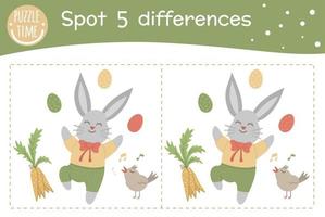Easter find differences game for children. Spring holiday festive preschool activity with bunny, colored eggs, carrot and singing bird. Puzzle with cute funny smiling characters. vector
