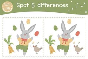 Easter find differences game for children. Spring holiday festive preschool activity with bunny, colored eggs, carrot and singing bird. Puzzle with cute funny smiling characters. vector