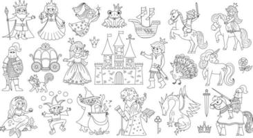 colección de objetos y personajes en blanco y negro de cuento de hadas. vector grande con princesa de fantasía de línea, rey, reina, bruja, caballero, unicornio, dragón. paquete de castillo de cuento de hadas medieval o página para colorear