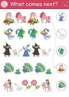 What comes next. Fairytale matching activity for preschool children with traditional fantasy creatures. Funny magic kingdom puzzle. Fall logical worksheet. Continue the row game with dragon, mermaid vector