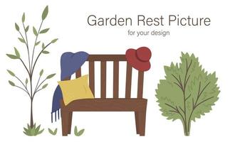 Vector illustration of garden bench with plaid, cushion, hat near the tree and bush. Place for rest after garden work. Post gardening relaxation picture. Good for poster or card design