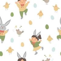 Vector seamless pattern with cute funny bunny and happy children with ears, colored eggs, chirping bird and chick. Spring funny repeating background. Digital paper with Easter design elements.