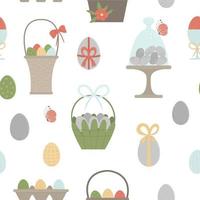 Vector seamless pattern with colored eggs, baskets, packaging with bows, butterfly and flowers. Easter background with traditional symbols. Spring digital paper.