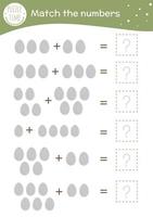 Math game with eggs. Easter mathematic activity for preschool children. Spring counting worksheet. Educational addition riddle with cute funny elements. vector