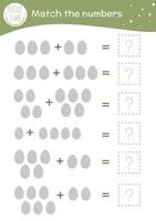 Math game with eggs. Easter mathematic activity for preschool children. Spring counting worksheet. Educational addition riddle with cute funny elements. vector