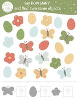 Easter counting game with holiday symbols. Spring math activity for preschool children. How many objects worksheet. Educational riddle with cute funny pictures. vector