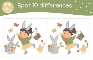 Easter find differences game for children. Spring holiday festive preschool activity with girl, basket, bunny, chicken and butterfly. Puzzle with cute funny smiling characters. vector