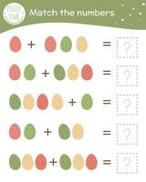 Math game with colored eggs. Easter mathematic activity for preschool children. Spring counting worksheet. Educational addition riddle with cute funny elements. vector