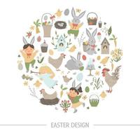 marco redondo vectorial de pascua con conejito, huevos y niños felices aislados en fondo blanco. estandarte o invitación temática de festividades cristianas enmarcada en círculo. Linda plantilla de tarjeta de primavera divertida. vector