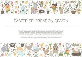 borde de marco de diseño horizontal de pascua vectorial con conejito, huevos y niños felices aislados en fondo blanco. banner de vacaciones cristianas o invitación con lugar para texto. linda plantilla de tarjeta de primavera. vector