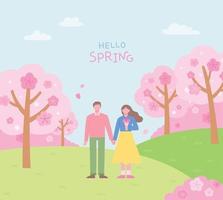 A man and a woman are standing holding hands. Park background with cherry blossoms. vector