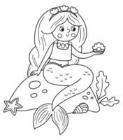 Fairy tale black and white vector mermaid sitting on a rock and holding pearl. Fantasy line girl in crown. Fairytale sea princess with pink hair. Girlish cartoon magic icon or coloring page