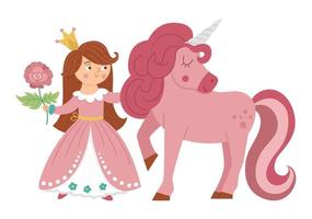 Fairy tale vector princess with unicorn and rose. Fantasy girl in crown isolated on white background. Medieval fairytale maid in pink dress. Girlish cartoon magic icon with cute character.