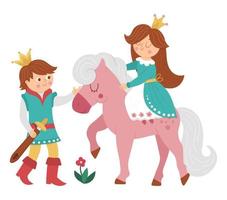 Fairy tale prince with princess on a pink horse on white background. Vector fantasy young monarch in crown with girl. Medieval fairytale characters. Cartoon magic sovereign icon. Love scene