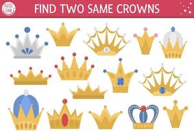Find two same crowns. Fairytale matching activity for children. Magic kingdom educational quiz worksheet for kids for attention skills. Simple printable game with cute king jewelry