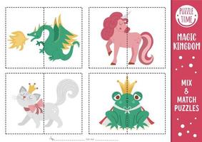 Vector fairytale mix and match puzzle with dragon, unicorn, cat in crown, frog prince. Matching magic kingdom activity for preschool kids. Educational printable game with fantasy characters