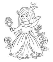 Fairy tale black and white vector princess with mirror and roses. Fantasy line girl in crown. Medieval fairytale maid coloring page. Girlish cartoon magic icon with cute character.
