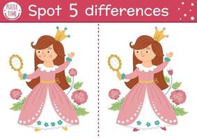 Find differences game for children. Fairytale educational activity with cute princess and mirror. Magic kingdom puzzle for kids with fantasy character. Fairy tale printable worksheet or page vector