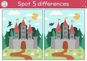 Find differences game for children. Fairytale educational activity with cute castle on a hill. Magic kingdom puzzle for kids with fantasy character. Fairy tale printable worksheet or page vector