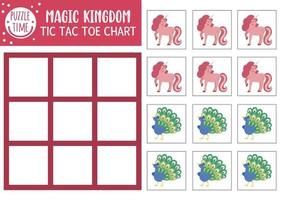 Vector fairytale tic tac toe chart with unicorn and peacock. Fairy tale holiday board game playing field with fantasy characters. Funny magic kingdom printable worksheet. Noughts and crosses grid