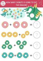 ¿Cuántos juegos de donas con lindas criaturas de cuento de hadas? actividad de suma matemática del reino mágico para niños en edad preescolar. hoja de trabajo de conteo simple imprimible para niños con hada y dragón vector