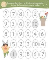 Easter math game with cute characters. Spring mathematic maze activity for preschool children. Choose numbers from 1 to 10 to help the boy get to the basket with eggs. vector