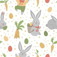 Vector seamless pattern with cute funny Easter bunnies, colored eggs and carrots. Spring funny repeating background. Digital paper with Christian holiday elements