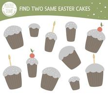 Find two same cakes. Easter matching activity for preschool children with yummy cupcake. Funny spring game for kids. Logical quiz worksheet. vector