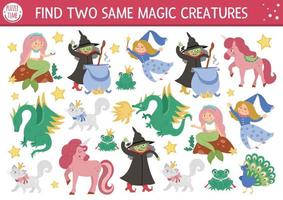 Find two same magic creatures. Fairytale matching activity for children. Fantasy kingdom educational quiz worksheet for kids for attention skills. Simple printable game with dragon, witch, unicorn