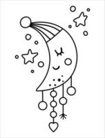 vector boho blanco y negro media luna en sombrero de noche con colgantes. bohemio sonriente icono de línea de media luna aislado sobre fondo blanco. ilustración de contorno celestial con estrellas.