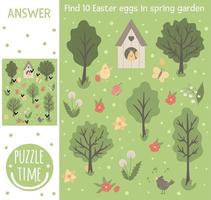 juego de búsqueda de Pascua para niños con huevos de colores en el jardín de primavera. lindos personajes sonrientes divertidos. encontrar objetos ocultos. vector