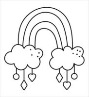 Arco iris boho vectorial en blanco y negro con colgantes. icono de línea bohemia aislado sobre fondo blanco. ilustración de contorno celestial. vector