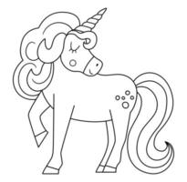 cuento de hadas unicornio blanco y negro aislado sobre fondo blanco. animal de fantasía de línea vectorial. personaje de caballo de cuento de hadas medieval. icono mágico de dibujos animados o página para colorear vector