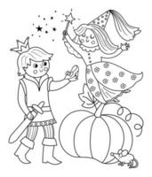 Fairy tale black and white prince with fairy, pumpkin, lost shoe, mouse. Vector line fantasy young monarch icon. Medieval fairytale characters. Cartoon magic tale scene coloring page
