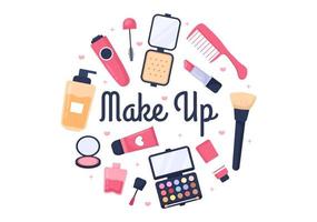Make Up Cosmetics Collection of Glamour Girl Like Nail Polish, Mascara, Lipstick, Eyeshadows, Brush or Powder in Flat Cartoon Vector Illustration