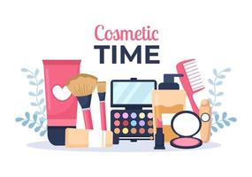 maquillaje colección de cosméticos de chica glamorosa como esmalte de uñas, rímel, lápiz labial, sombras de ojos, cepillo o polvo en ilustración de vector de dibujos animados plana