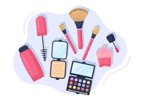 maquillaje colección de cosméticos de chica glamorosa como esmalte de uñas, rímel, lápiz labial, sombras de ojos, cepillo o polvo en ilustración de vector de dibujos animados plana