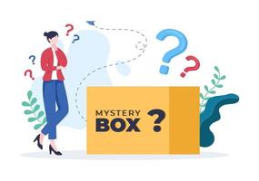 Mystery Gift Box and Confused Woman a Cardboard Box Open Inside with a Question Mark, Lucky Gift or Other Surprise in Flat Cartoon Style Illustration vector